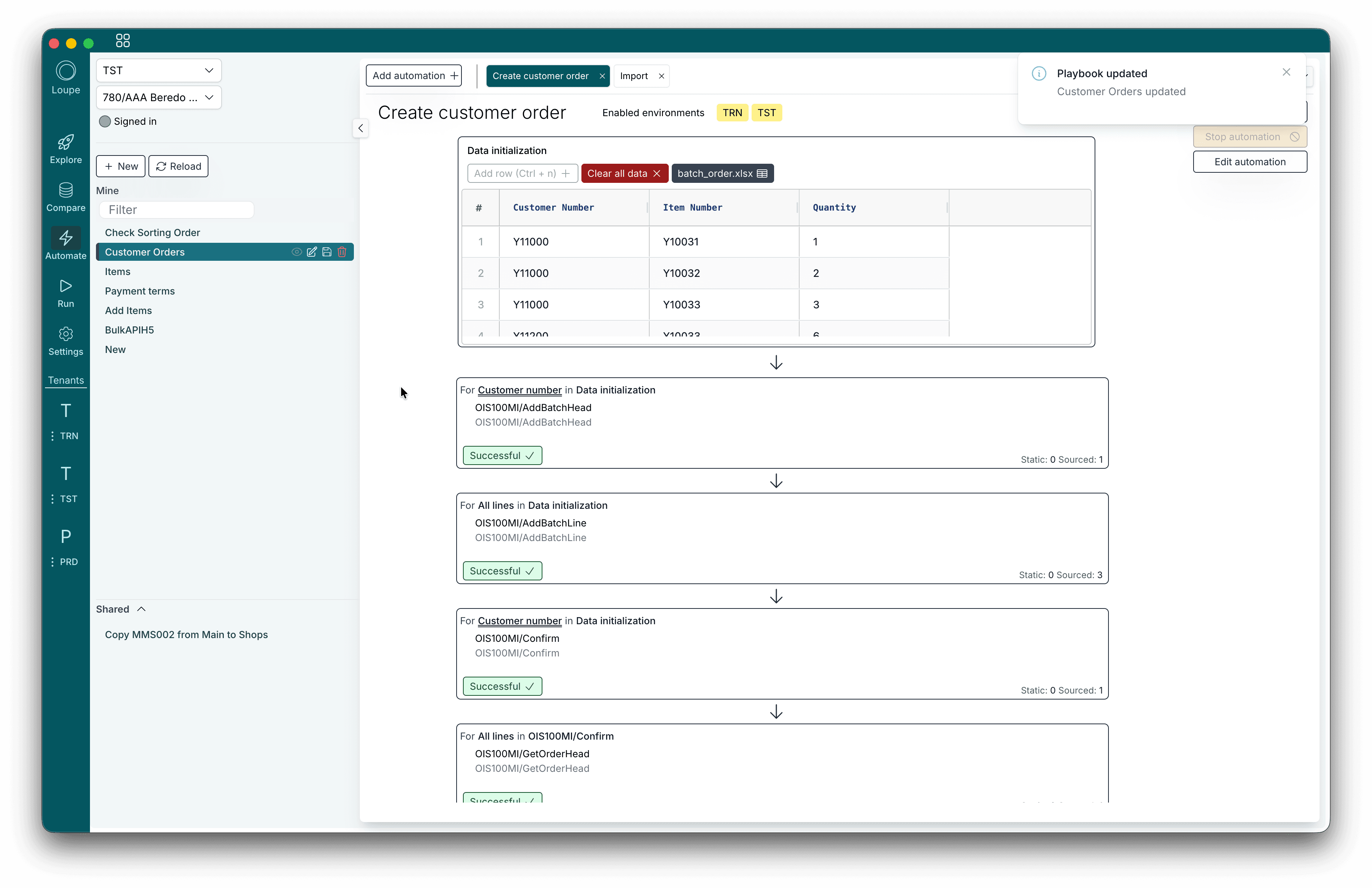 A Loupe automation that creates customer orders from a spreadsheet with OIS100MI transactions